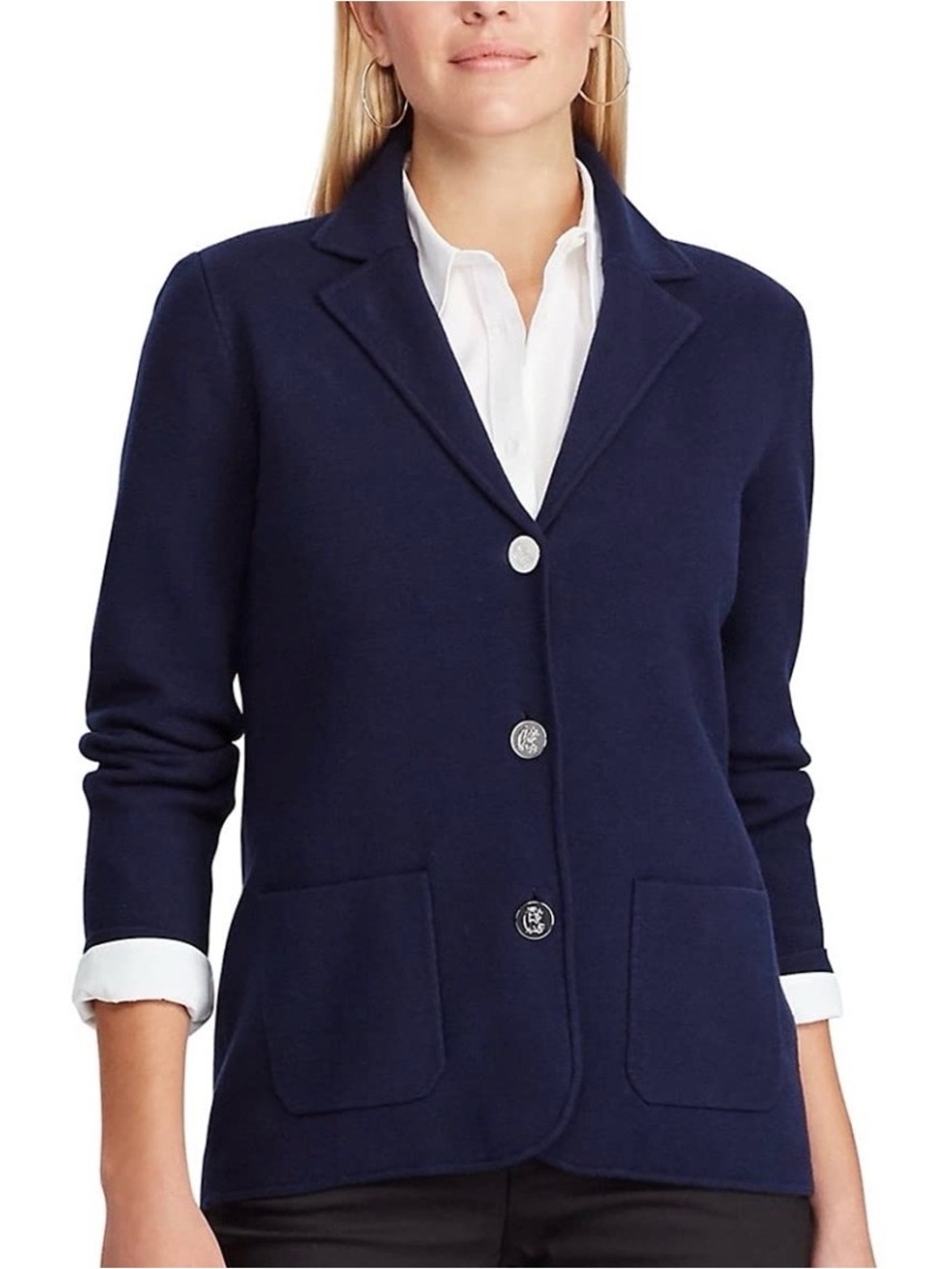 Chaps Blazer Womens Small Navy Blue Knit Silver Crest Embossed Buttons Preppy